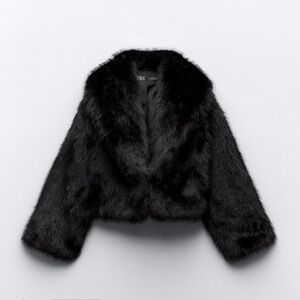 Zara Black Cropped Faux Fur Coat